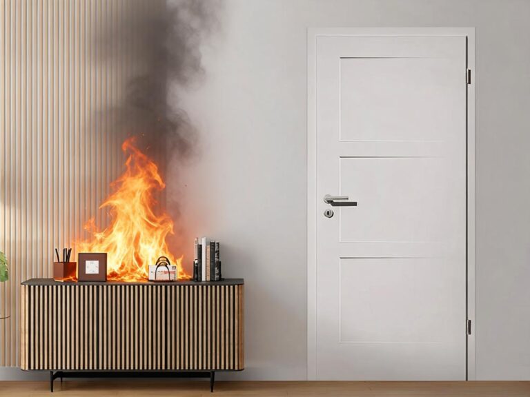 Brandschutz bei Innentüren - Feuer in einem Raum mit weißer Tür aus der Klassik-Linie